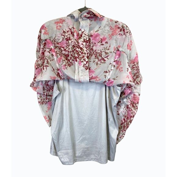 New Roaman's 2 Pcs Tunic Blouse Set Sz 20 Pearl Grey Blooming Rose Button Front - Picture 3 of 14